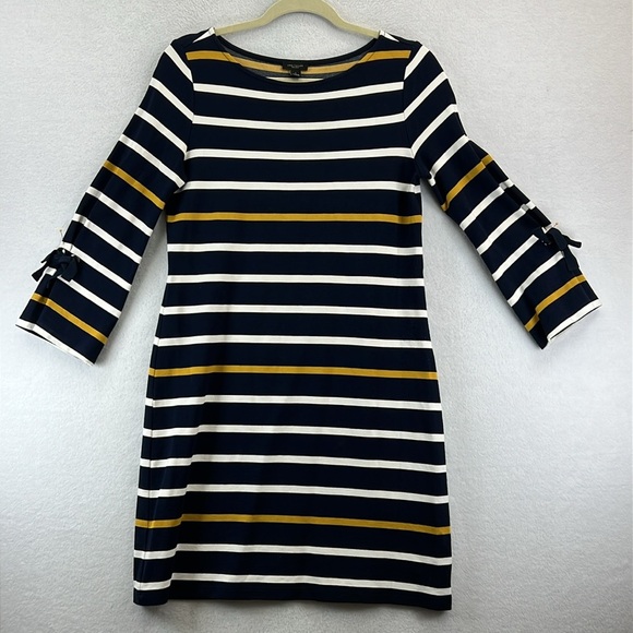 Ann Taylor Factory Dress Size Small Navy/White/Gold Stripe Rayon Blend Knit - Picture 1 of 9